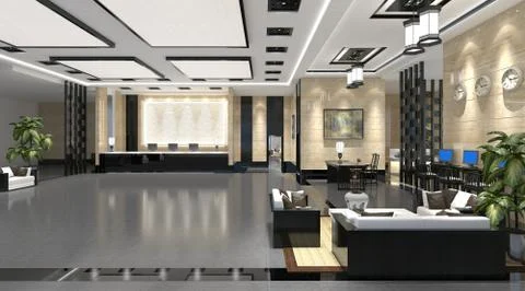 Interior of hotel reception hall 3D illustration Иллюстрация