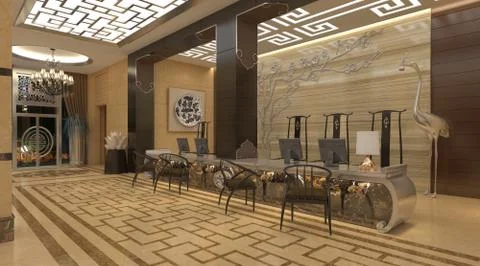 Interior of hotel reception hall 3D illustration Illustrazione stock