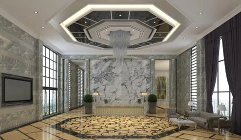Interior of hotel reception hall 3D illustration Illustrazione stock