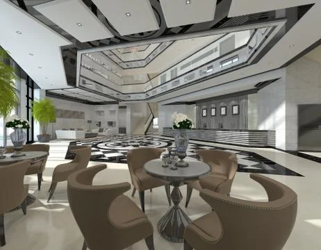 Interior of hotel reception hall 3D illustration Stock Illustration