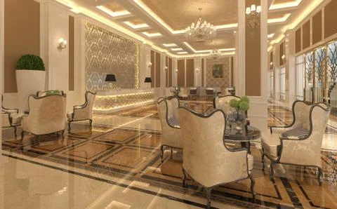 Interior of hotel reception hall 3D illustration Illustrazione stock