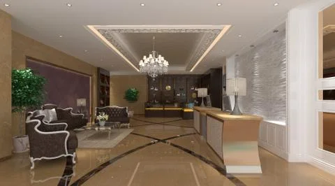 Interior of hotel reception hall 3D illustration Stock Illustration