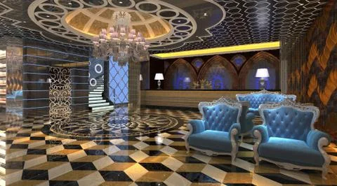 Interior of hotel reception hall 3D illustration Stock Illustration