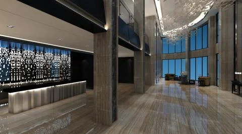 Interior of hotel reception hall 3D illustration Stock Illustration