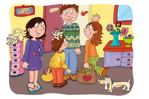 Interior of the house with dad mom the two brothers Stock Illustration