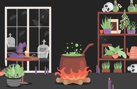Interior of the house of evil witch vector flat cartoon illustration. Scary Stock Illustration