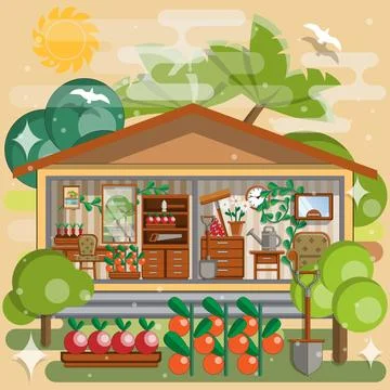 The interior of the house in the garden. Stock Illustration