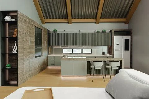 Interior of a house with an open space between dining room and kitchen with a 스톡 일러스트