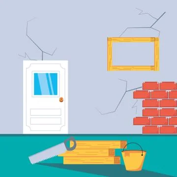 Interior of house under construction with tools Stock Illustration