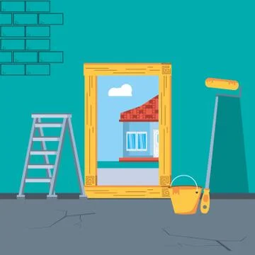 Interior of house under construction with tools Illustrazione stock