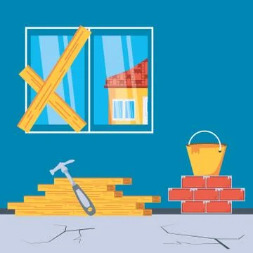 Interior of house under construction with tools Stock Illustration