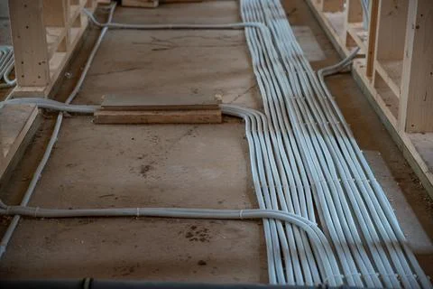 Interior of House Under Construction with Ventilation System Installation Stock Photos
