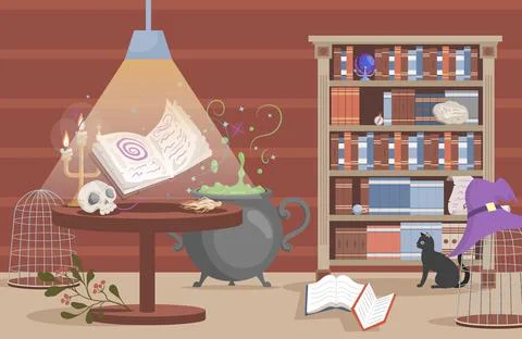 Interior of the house of witch vector flat cartoon illustration. Preparing Stock Illustration