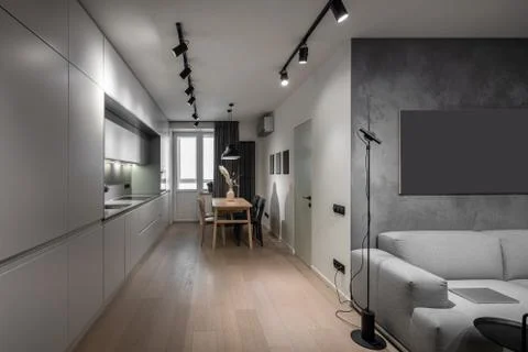 Interior of illuminated modern flat with kitchen zone Stock-Fotos