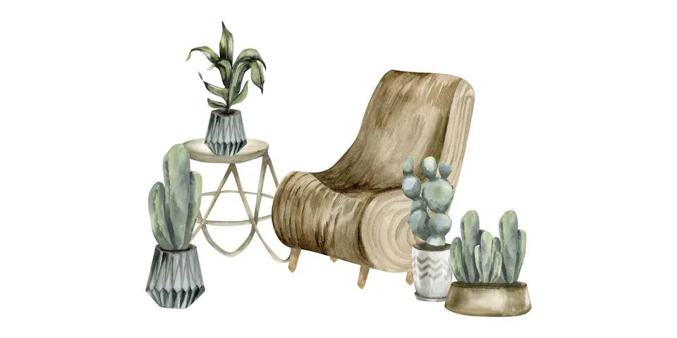 Interior indoor composition with boho eco furniture, home green plants wate.. Stock Illustration