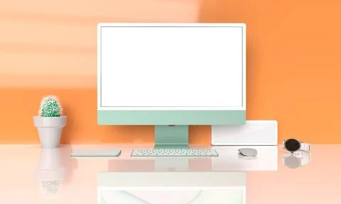 Interior indoor studio house orange wall room green computer notebook lapto.. Stock Photos