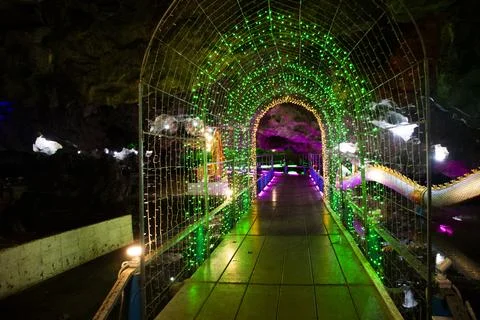 Interior inside cavern of Wat Tham Nam or Water Cave Temple for thai people.. Stock Photos