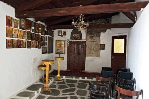The interior inside a small chapel in Greece Stock Photos