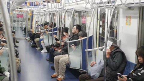 Interior inside subway train transportation cabin with some passenger onboard Stock-Footage 330795291