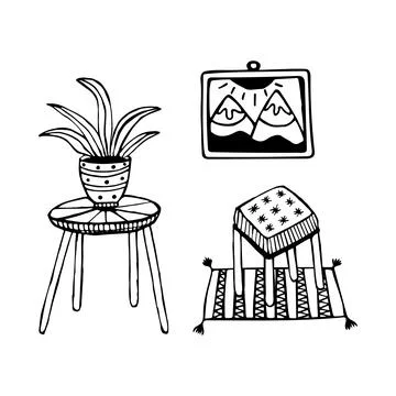 Interior items, monochrome doodle Stock Illustration