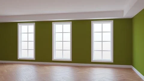 Interior with Khaki Walls, Three Large Windows, Light Glossy Herringbone Pa.. Stock Illustration