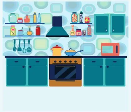 Interior kitchen with cooking equipment in geometric background Stock Illustration