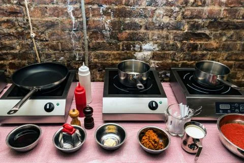 Interior of kitchen for cooking workshop Stock Photos