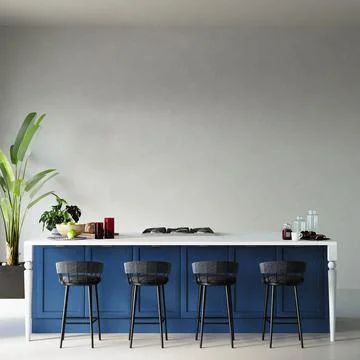Interior of a kitchen with decors in front of the white wall, 3d render Stock Illustration