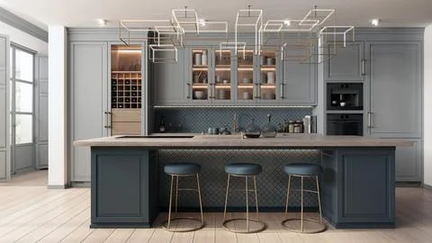 The interior of the kitchen designed as a combination of classic modern and glam Stock Illustration