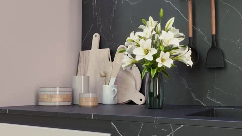 Interior of the Kitchen. Flowers in a vase. 3D Render Stock-Footage 159531436