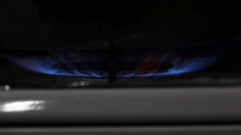 Interior Kitchen Image with a Gas Cooker Burning with Big Blue Flame Stock Footage 102862825