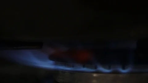 Interior Kitchen Image with a Gas Cooker Burning with Big Blue Flame Stock Footage 102862830