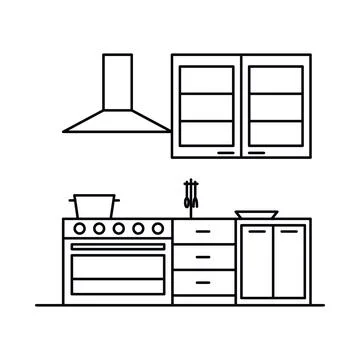 Interior with kitchen in outline style Stock Illustration