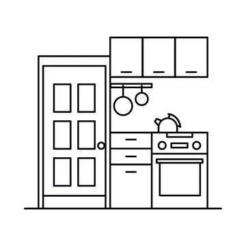 Interior with kitchen in outline style Stock Illustration