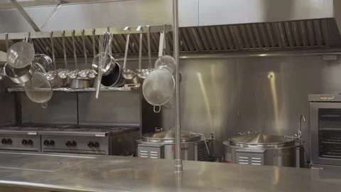 Interior of the kitchen of the restaurant / canteen in the school with dishes . Stock Footage 135320864