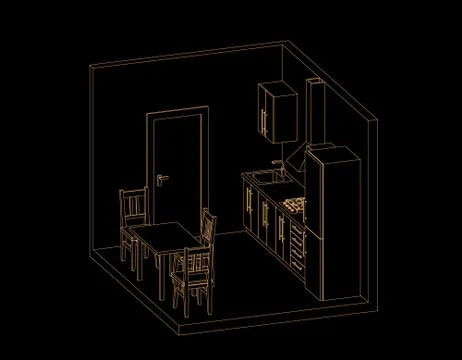 Interior kitchen room on black background. Vector outline illustration. Stock Illustration