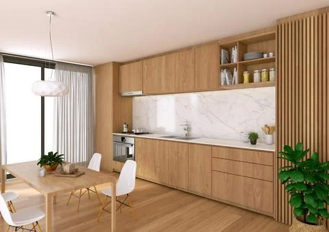 Interior of a kitchen seen from the front. Luminous image. Wooden floor, wh.. Stock Illustration