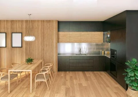 Interior of a kitchen seen from the front. Luminous image. Wooden floor, bl.. Stock Illustration