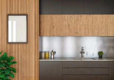 Interior of a kitchen seen from the front. Luminous image. Wooden floor, bl.. Stock Photos