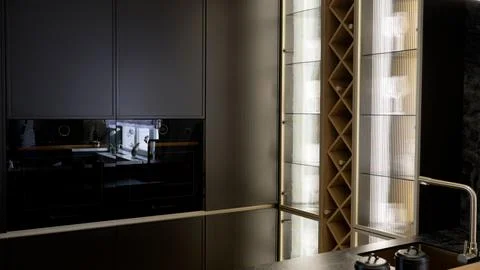 Interior, kitchen set, close-up. Stylish kitchen set with glass. Stock Photos