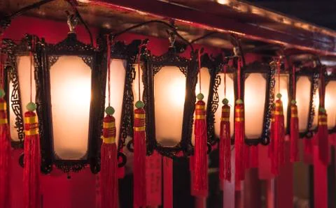 Interior lanterns of Man Mo Temple in Hong Kong, China. Stock Photos