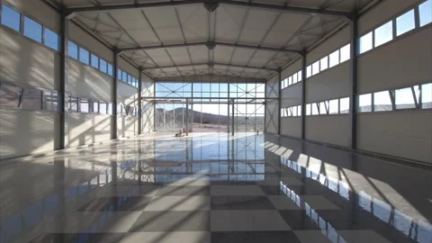 Interior of large commercial building - empty warehouse or industrial hall. Stock Footage 231350646