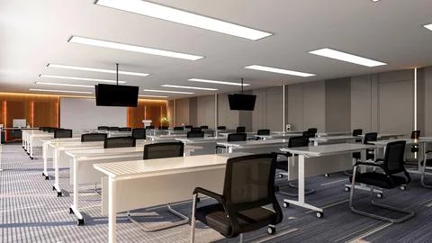 Interior of large modern office training room with large curved monitor screen. Stock Illustration