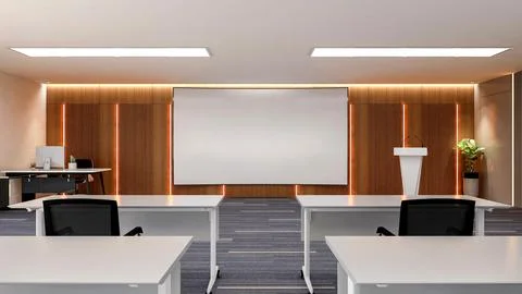 Interior of large modern office training room with large curved monitor screen. Stock Illustration