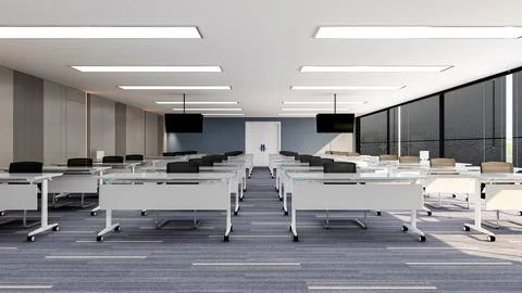Interior of large modern office training room with large curved monitor screen. Stock Illustration
