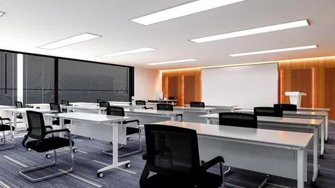 Interior of large modern office training room with large curved monitor screen. Stock Illustration