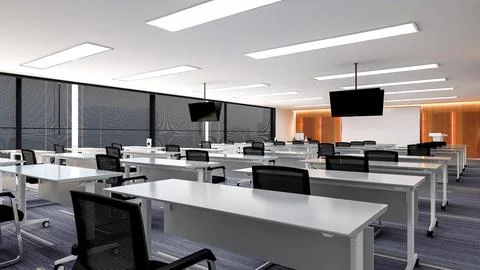 Interior of large modern office training room with large curved monitor screen. Stock Illustration