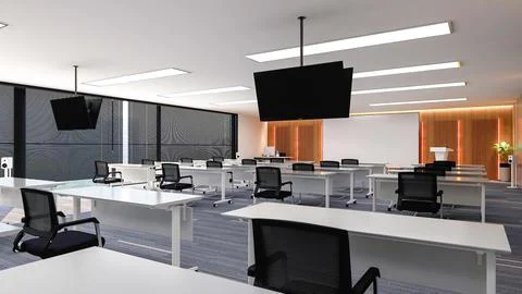Interior of large modern office training room with large curved monitor screen. Stock Illustration