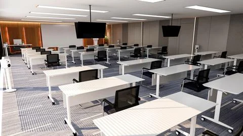 Interior of large modern office training room with large curved monitor screen. Stock Illustration