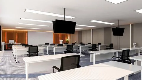 Interior of large modern office training room with large curved monitor screen. Stock Illustration